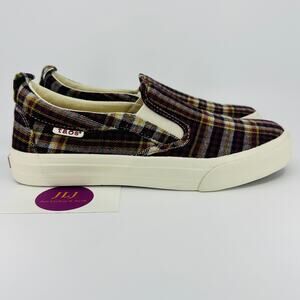 Taos Women's Rubber Soul Burgundy Plaid Canvas Slip On Comfort Sneakers Size 7.5